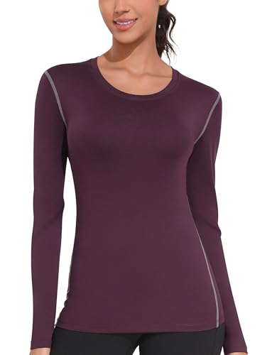 WANAYOU Long Sleeve Compression Shirts for Women Quick Dry Athletic Long Sleeve Tops for Women Running Sports Shirts Workout Tops Underscrub Baselayer Yoga Hiking 3 Pack Black Grey Wine Red L