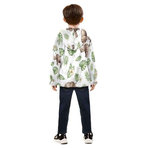 Rhino Leaves Flowers Pattern Toddler Fleece Jacket Girl Boys Hooded Fleece Jacket Coat Warm Outwear Zip-up 3-10T4
