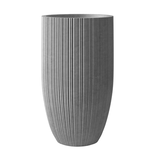 Morrava 24 Inch Tall Concrete Planter, Large Garden Pot with Drainage Hole for Outdoor and Indoor Use on Patio or Porch, Sculpted Stone Gray