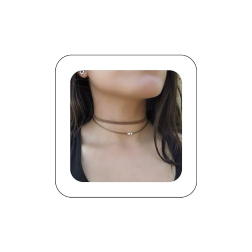 Andelaisi Boho Layered Velvet Choker Necklace Brown Leather Cord Choker Necklace Gothic Velvet Ribbon Necklace Gothic Sihort Velvet Suede Necklace Chain Jewelry for Women