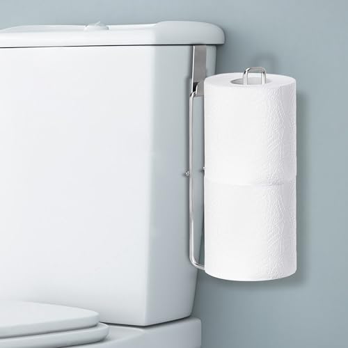 Bathroom Toilet Paper Holder with Storage Extra 2 Rolls Over the Tank Toilet Paper Holder Wall Mount Small Restroom Organizer Adhesive RV Tissue Storage Stainless Steel Silver 1PC