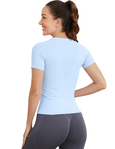 Image of MathCat Short Sleeve Workout Tops for Women, Seamless Women's Compression Shirt, Yoga Running Athletic Shirts Soft Gym Tops