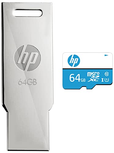 Image of HP 64GB Class 10 MicroSD Memory Card (HP-MSDCWAU1-64GB) & V232w USB 2.0 64GB Pen Drive, Silver