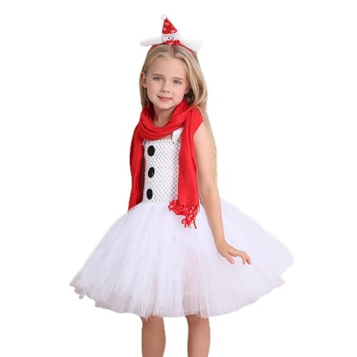 Weißes -Cosplay-Kostüm für Mädchen, Tüllkleid-Set Weihnachten mit Cartoon-Kopfbedeckung und rotem Schal, weihnachtliches Gefrorene-Schnee-Prinzessin-Kleid-Cosplay-Geschenk