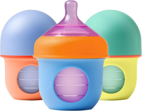 Image of Boon Nursh Reusable Silicone Pouch Baby Bottles - Slow Flow Nipple - Silicone Baby Bottle Pouch and Nipple - Baby Feeding Essentials - Color Block - 0-3 Months - 3 Count - 4 Ounce (Pack of 12)
