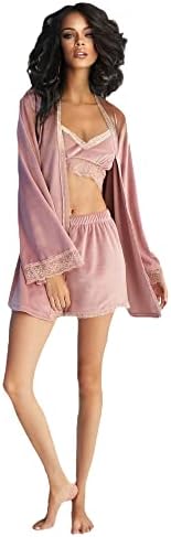 Women's Velvet Pajama Set 3 PCS | Lace Trim Cami Top Cardigan and Shorts| Sleepwear Lounge Set with Robe | Women's Nightwear (Pink, S)
