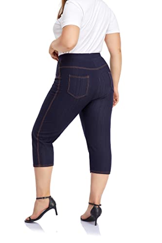 ELISS Women's Plus Size Jean Look Jeggings Stretch High Waisted Denim Skinny Pull-on Capri Pants with Pockets (1X-4X)2