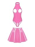 CHICTRY Damen Lack Leder Body Busenfrei Catsuit Offener Schritt Dessous Mit A Linien Rock Latex Minirock Pole Dance Outfit Rosa 4XL