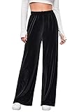 Verdusa Women's Elastic Waist Velvet Loose Wide Leg Pants Long Palazzo Black L