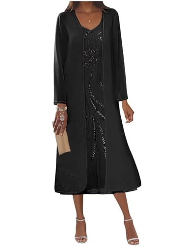 Mother of The Bride Dress with Jacket Sequin Chiffon 2 Piece Tea Length Formal Outfits for Grandmother