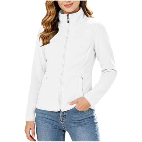 Image of White Womens Fleece Jackets Full Zip Stand Collar Sweater Coats Pockets
