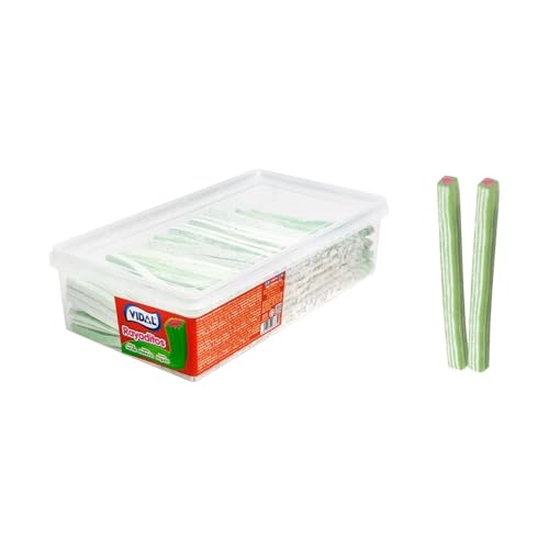 Vidal Golosinas Rayaditos Sandía. Regaliz Relleno con intenso sabor sandía. Color verde y su interior rosa. Bandeja 200 unidades