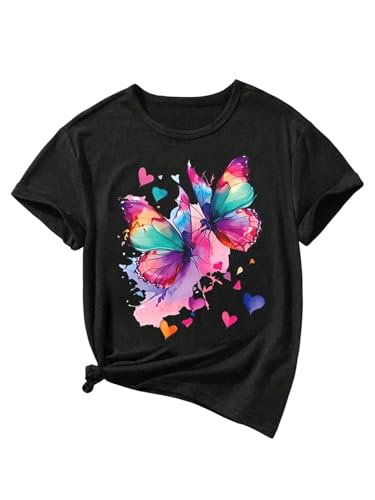 T-shirt à manches courtes pour fille avec col rond imprimé papillon mignon Floerns