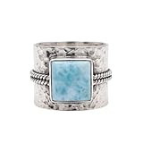 Natural Larimar Ring for Women - Boho Gemstone Engagement & Bridal Jewelry | Dainty, Trending, Fashionable Hammered Wide Band Sterling Silver | Handmade Gift for Her