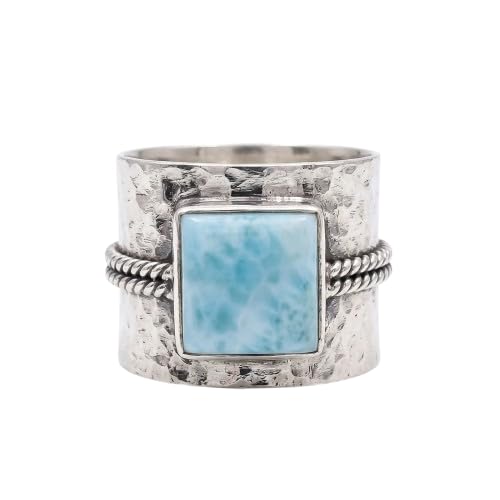 Natural Larimar Ring for Women - Boho Gemstone Engagement & Bridal Jewelry | Dainty, Trending, Fashionable Hammered Wide Band Sterling Silver | Handmade Gift for Her