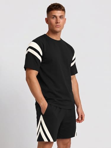 Image of CHKOKKO Men's Co-Ord Set Premium Cotton Blend Oversized T-Shirt & Shorts Cord Set with Side Pockets Round Neck Half Sleeves Solid with Contrasting Stripes Summer or Casual Wear