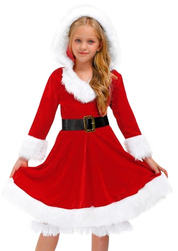 Christmas Big Girls Xmas Mrs. Santa Claus Outfit Red Velvet Hoodie Swing Midi Dress with Belt 12 Years