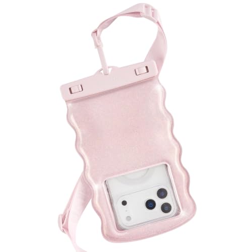 Image of Case-Mate Wavy IP68 Large Waterproof Phone Pouch - Ballet Pink Twinkle | Hidden Pocket for Card /Cash - Floating Mobile Cover w /Crossbody Lanyard - Fits All Phones - Travel Accessory for Beach & More