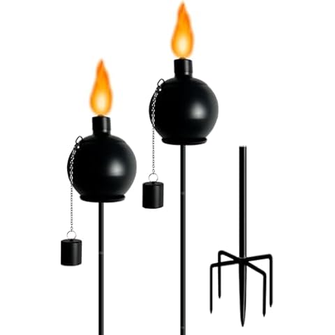 Koutemie 61 Inch Garden Torch with 5- Grounded Stake for Outside, Metal Citronella Light Torches Outdoor Decorative and Functional for Party Yard Patio Pathway, Black, 2 Pack Cover