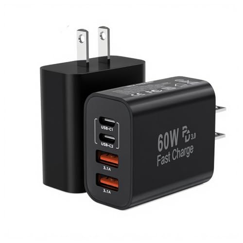 60W USB C Charger Block,2Pack 4-Port GaN USB C Charger Fast Charging Wall Plug Dual Type C+Dual USB-A Port,Multiport Power Adapter Cube for iPhone 17 Pro Max/16e/15/14/13/12/11,iPad Pro/Air/Mini-Black