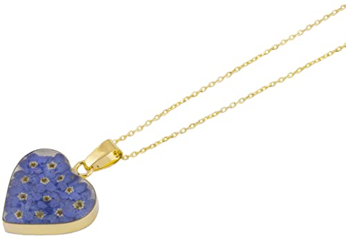 Amazon Collection 14K Gold Over Sterling Silver Blue Pressed Flower Heart Pendant Necklace, 16' #TOP2