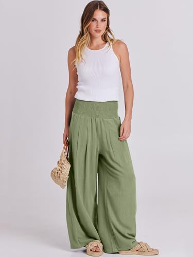 Image of ANRABESS Women Linen Palazzo Pants Summer Boho Wide Leg High Waist Casual Lounge Pant 2026 Beach Travel Vacation Outfits