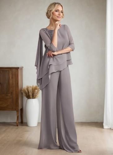 2 Pcs Pant Suits for Women Dressy Elegant Lace Applique Tiered Chiffon 3/4 Sleeve Mother of The Bride Pantsuits for Wedding4