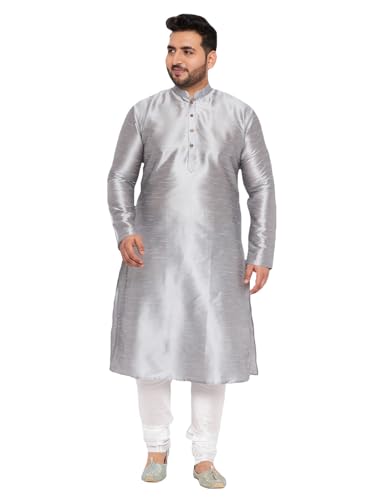 Image of Vastramay Plus Men's White Silk Blend Kurta Pyjama Set VPLUSMKWH001nPBL 44 | Independence Day