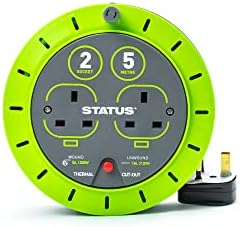 STATUS 2 Socket Cable Reel | 5m Green Extension Lead | 13A with Thermal Cut Out | Heavy Duty Outdoor Extension Lead | S5M13ACR3