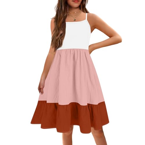 Girls Color Block Sundress Sleeveless Spaghetti Strap Summer Casual Midi Dress