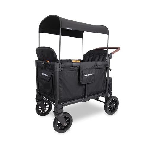 WonderFold W4 Luxe Pro Stroller Wagon - Collapsible Stroller Wagon with Aluminum Frame - Adjustable Canopy & Push Handle - XL All-Terrain Wheels - For Babies, Toddlers & Kids - 4 Seater - Black