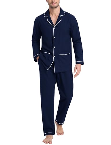 MoFiz Mens Pajama Set Soft Cotton Button Down Notched Collar Pjs Long Sleeve 2 Piece Sleepwear Lounge Nightwear with Pocket