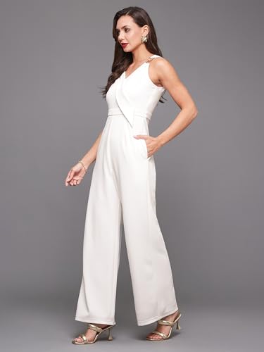 Image of Miss Chase Women's Halter Neck Sleeveless Solid Wide Leg Sequin Paneled Regular Length Jumpsuit