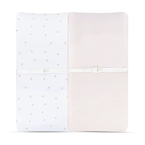 Image of Changing Pad Cover 2 Pack - Baby Changing Pad Cover with 100% Jersey Cotton - Changing Pad Covers for Girls and Boys, Newborn Essentials (Pink Tulip & Stripes)