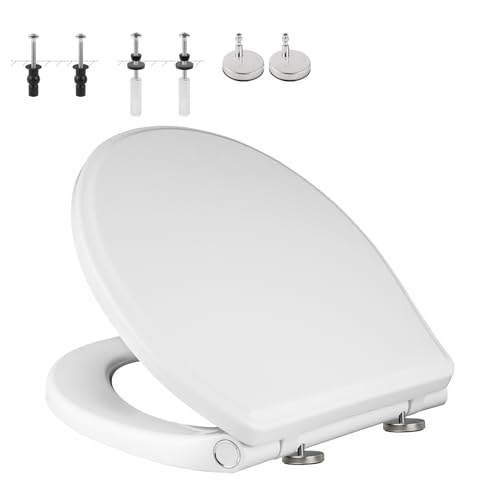 Image of Universal Elongated Toilet Seat Softclose Cover, One-Click to Quick Release | Compatible with TOTO /Gerber /Kohler Oval Toilet Seats, 2-Pack Toilet Bolts and Nuts, Non-Slip Toilet Bumpers, White