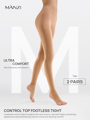 Image of MANZI Control Top Women's Footless Tights Opaque Tights for Dresses 2 Pairs