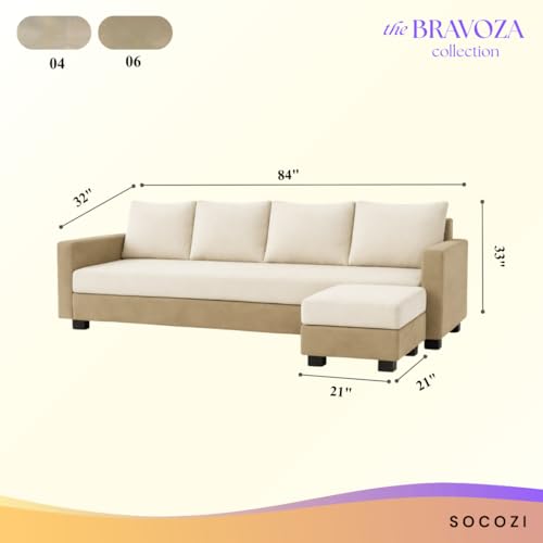 Image of SOCOZI Braven 5 Seater L Shape Sofa Set with Movable Ottoman | Flexible Layout | Soft Velvet Suede Fabric | Modern Design | Plush Comfort Cushions for Living Room (Beige-Cream)