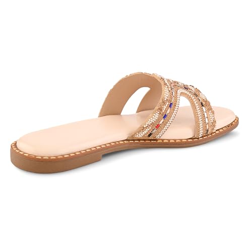 Image of Centrino Women's Beaded Flat Sandals | Stylish Gold Crystal Slip-On with Ornate Cutout Design | Soft Cushioned Footbed |Elegant & Trendy Open Toe Slip-On | Luxury Footwear for Wedding /Party (9301)