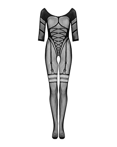 Obsessive - Gestrickter Bodystocking G329 I Dessous Für Frauen I Korsett Imitierter Schnitt In Kombination Mit Strümpfen I Geometrische Muster Betonen Die Silhouette I Schwarz - S-M-L