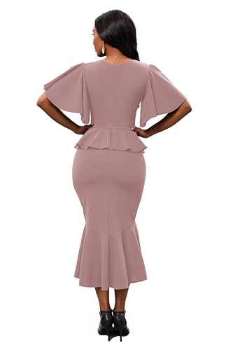 Image of Womens Summer Ruffle Short Sleeve Fishtail Dress Evening Cocktail Formal Peplum Midi Mermaid Dresses Elegant
