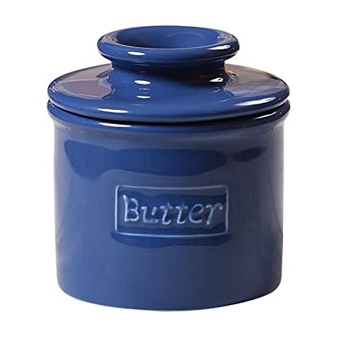 Butter Bell - The Original Butter Bell Crock by L Tremain, a Countertop French Ceramic Butter Dish Keeper for Spreadable Butter, Café Retro Collection, Royal Blue, Glossy Finish Cover