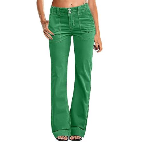 Damen Jeans Elegant, Jeanshose Low Waist Denimhosen Baggy Palazzohose Gerades Bein Freizeithose Leicht Sommerhose Loose Fit Loungehose mit Taschen Einfarbig Freizeithosen Vintage Streetwear, verde