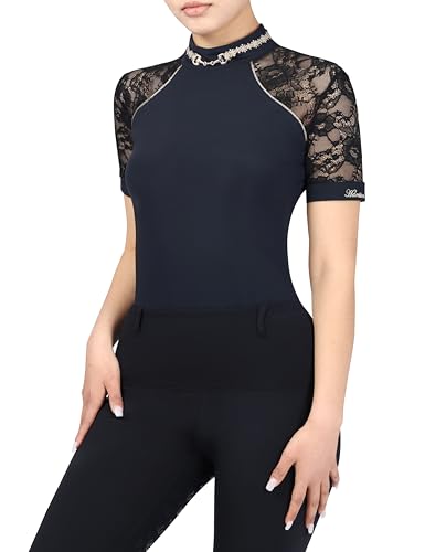 Harrison Howard Women's Slim Fit Show Shirt with Lace Sleeves and Iconic Bit Breathable Comfortable Rider Top,Black,Small