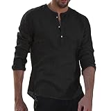 Uni Clau Mens Henley Linen Shirts Long Sleeve Summer Beach T Shirts Casual Relaxed Fit Black 3XL