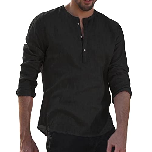 Uni Clau Mens Henley Linen Shirts Long Sleeve Summer Beach T Shirts Casual Relaxed Fit Black 3Xl #TOP6
