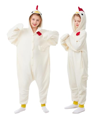 CANASOUR Kids Chicken Onesie 10-12 Soft Chicken Costume for Big Boys/Girls with Wings Rooster Kigurumi Pajamas Farm Animal Halloween Cosplay Party Outfit (Height 56-59 chicken 125)