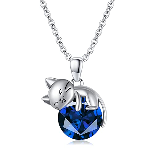 LONAGO Cat Necklace with Birthstone 925 Sterling Silver Cat Pendant Necklace Gift for Women