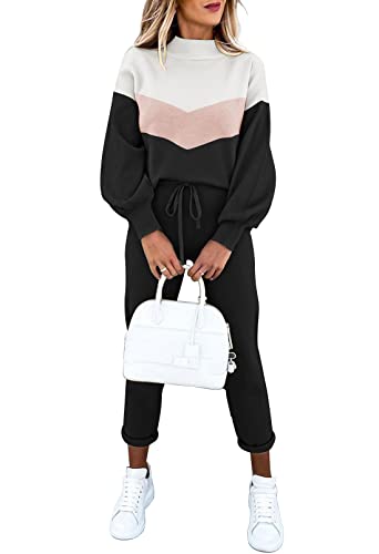 Fixmatti Women 2 Piece Color-block Sweatsuit Long Sleeve Turtleneck Sweatshirt Matching Pant Set Tracksuit Black L