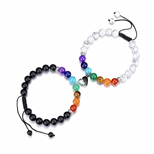 Jovivi 2 Pcs Couple Bracelets Natural 7 Chakra Healing Crystals Stone Beads Stretch Bracelet Matching Heart Charms Adjustable for His and Her Jewelry Lovers Best Friends Friendship Gifts