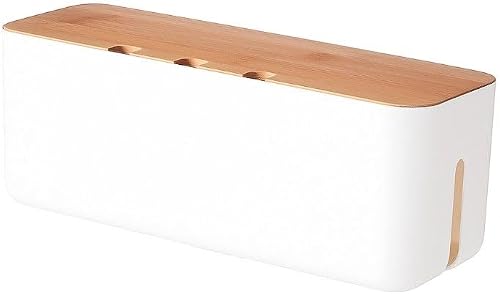 Minimalist Cable Management Box with Bamboo Lid — WHITE